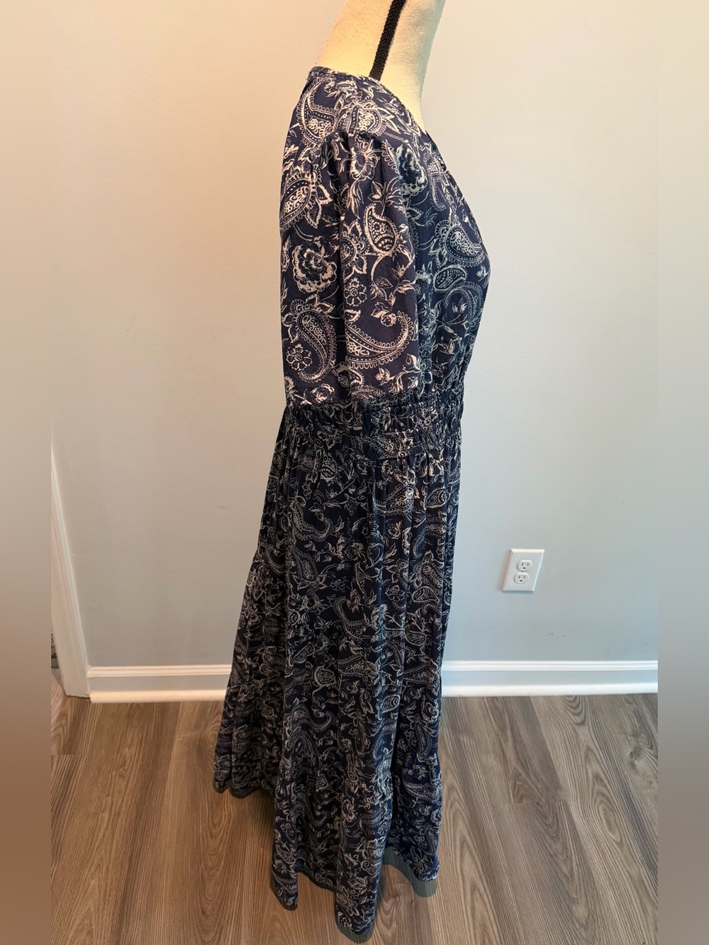 Kate & Sam Blue Paisley Cotton Maxi Dress Smocked Waist Tiered size Large - Picture 2 of 8